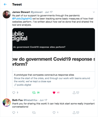 Screen Shot 2020 06 30 at 10 02 59 screen grab showing a response to james' tweet about the work. reply says: thank you for sharing this work! it can help kick start some really important conversations!